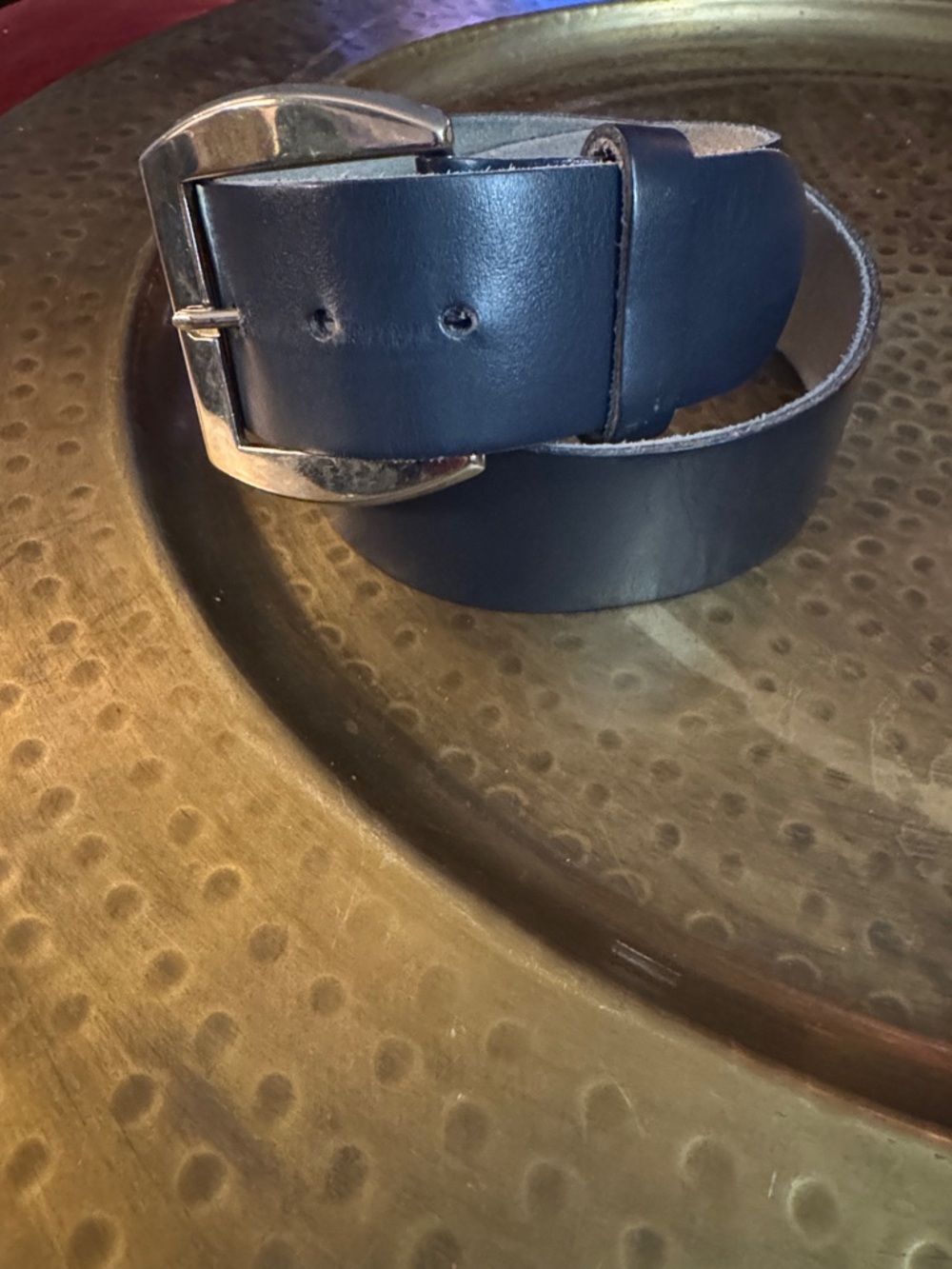 Women's Navy Leather Belt with Gold Buckle